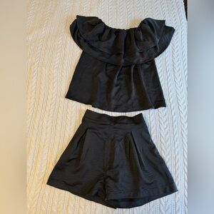 Black Ruffled Off-Shoulder Top and Shorts Set